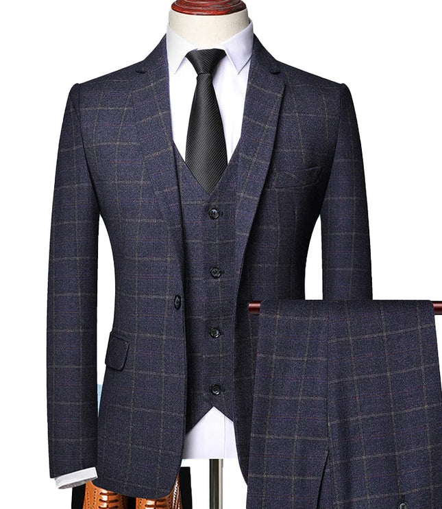 Navy blue plaid tailored formal suit with three-piece set and trousers