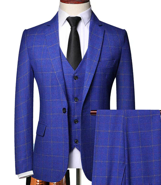Royal blue plaid 3-piece tailored formal suit with vest and matching trousers