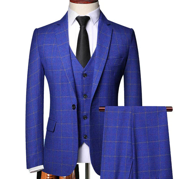 Royal blue plaid 3-piece tailored formal suit with vest and matching trousers