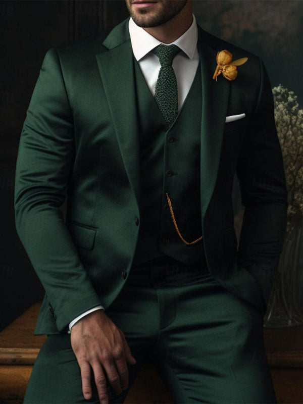 Men's formal three piece suit in forest green with notch lapels and two button closure