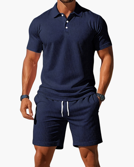 Dark navy waffle knit polo shirt and shorts two-piece casual summer outfit
