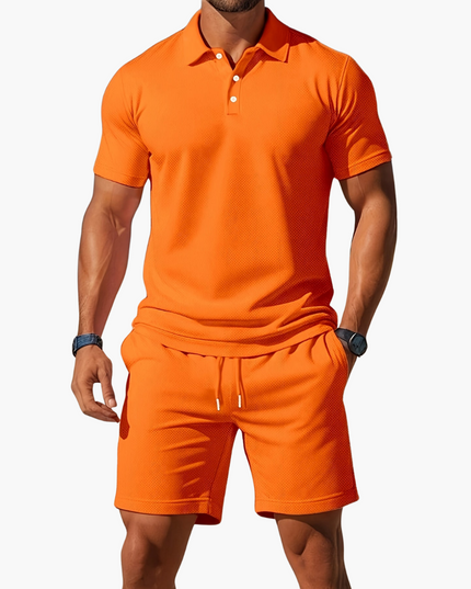 Bright orange textured polo shirt with coordinating shorts casual summer set