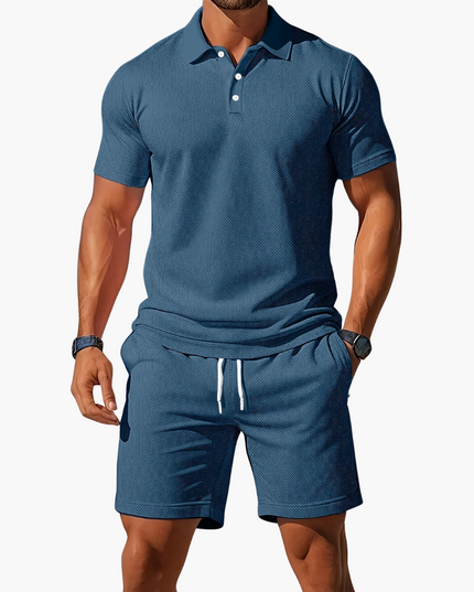 Teal blue ribbed polo shirt with matching drawstring shorts summer casual wear
