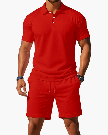 Vibrant red textured polo and shorts matching casual summer two-piece set