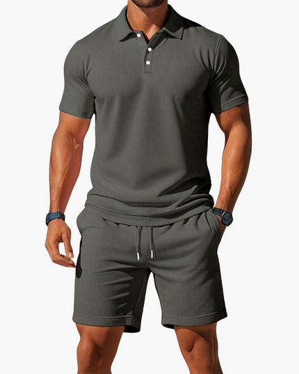 Charcoal gray waffle knit polo shirt with coordinating shorts casual summer outfit
