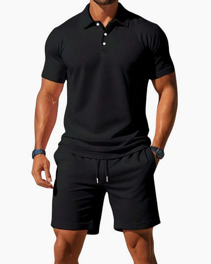 Black ribbed texture polo shirt and shorts casual summer matching set