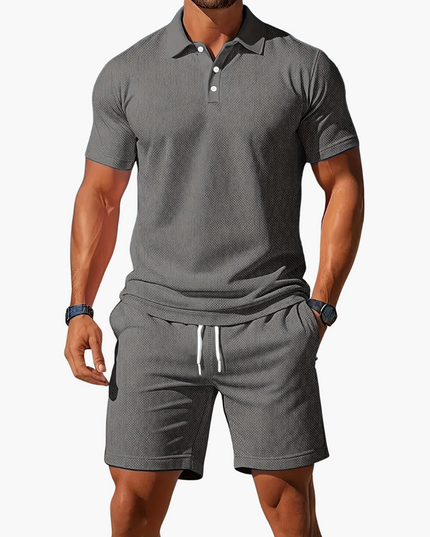 Light gray textured polo with white buttons and matching shorts summer casual set