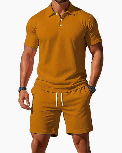 Golden mustard waffle knit polo shirt with coordinating shorts casual summer outfit