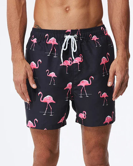 Pantalones cortos de baño estampados de hombre con bolsillos y cordón de secado rápido