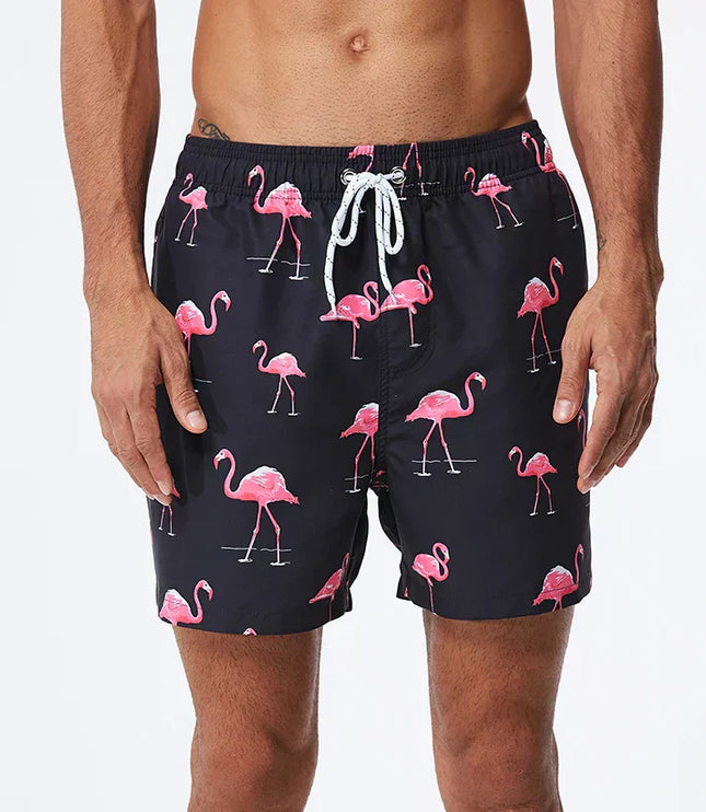 Pantalones cortos de baño estampados de hombre con bolsillos y cordón de secado rápido