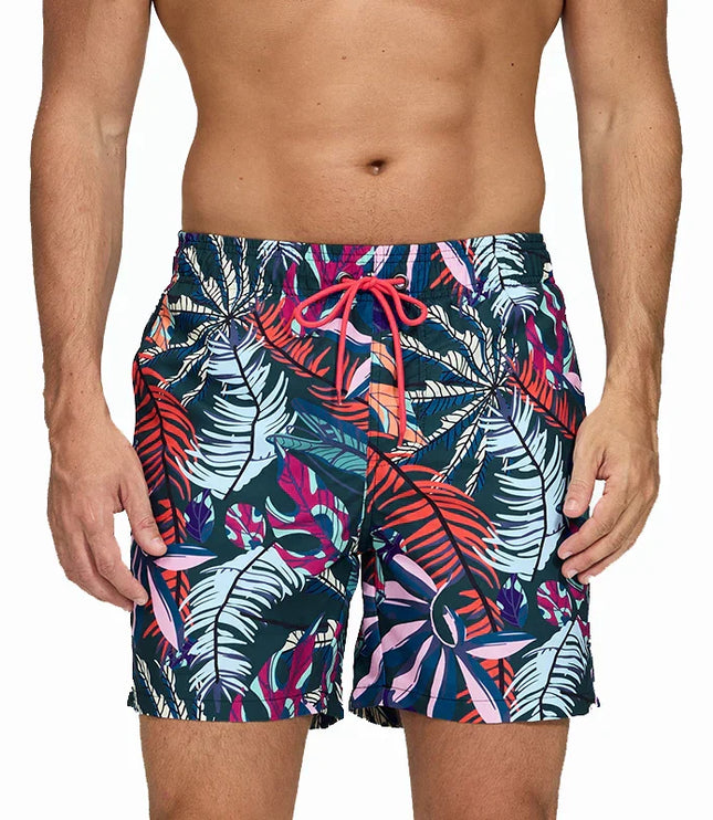 Pantalones cortos de baño estampados de hombre con bolsillos y cordón de secado rápido