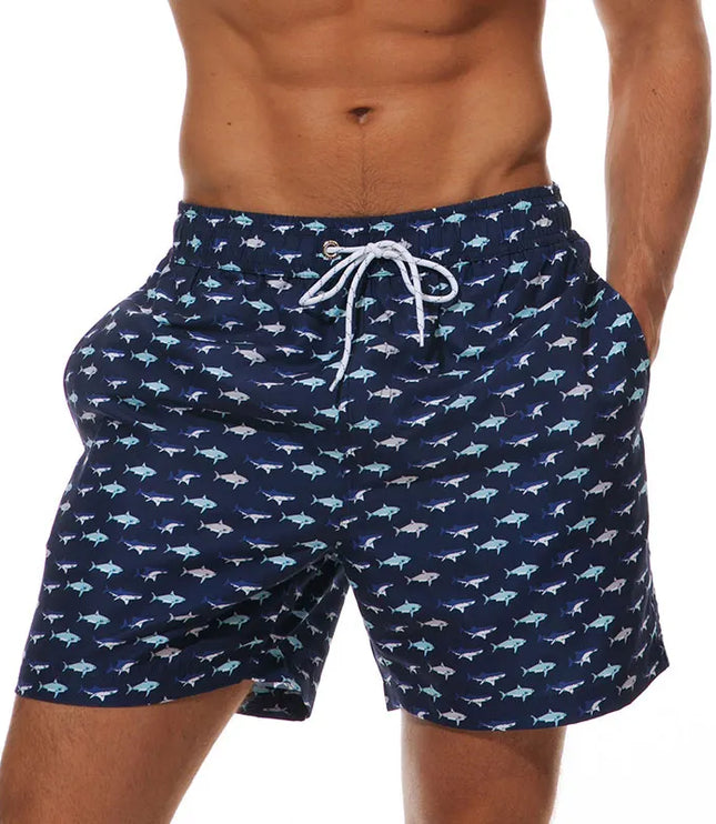Pantalones cortos de baño estampados de hombre con bolsillos y cordón de secado rápido