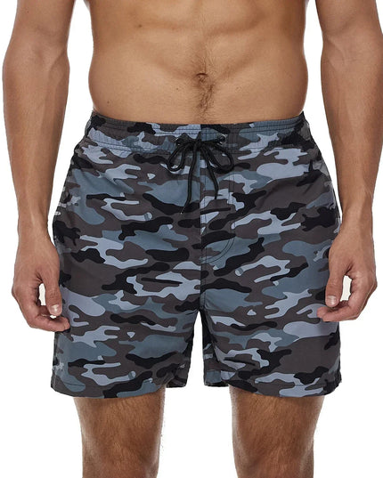 Pantalones cortos de baño estampados de hombre con bolsillos y cordón de secado rápido