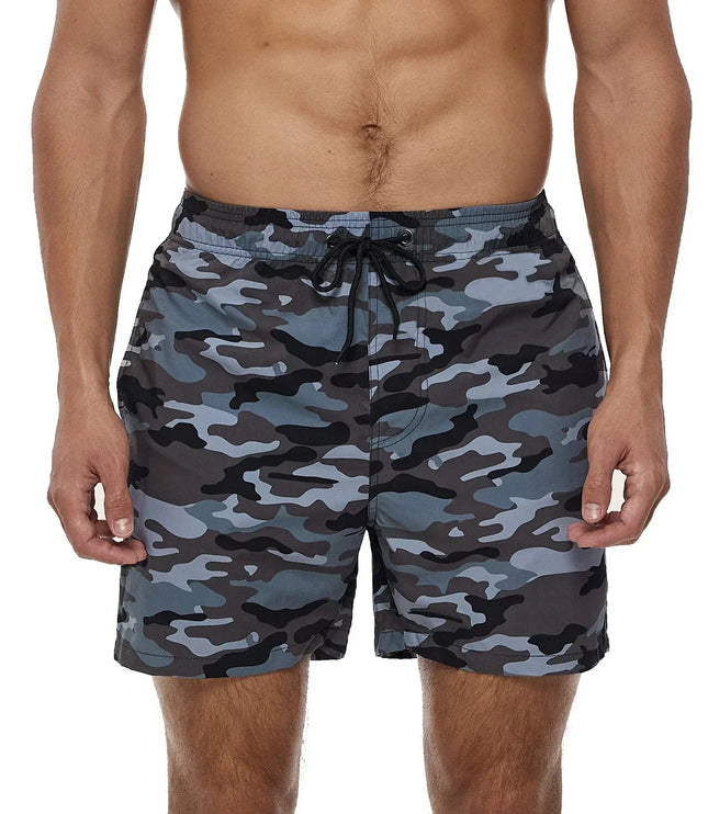 Pantalones cortos de baño estampados de hombre con bolsillos y cordón de secado rápido