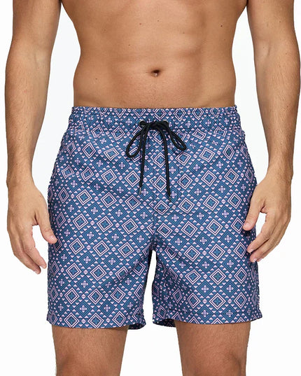 Pantalones cortos de baño estampados de hombre con bolsillos y cordón de secado rápido