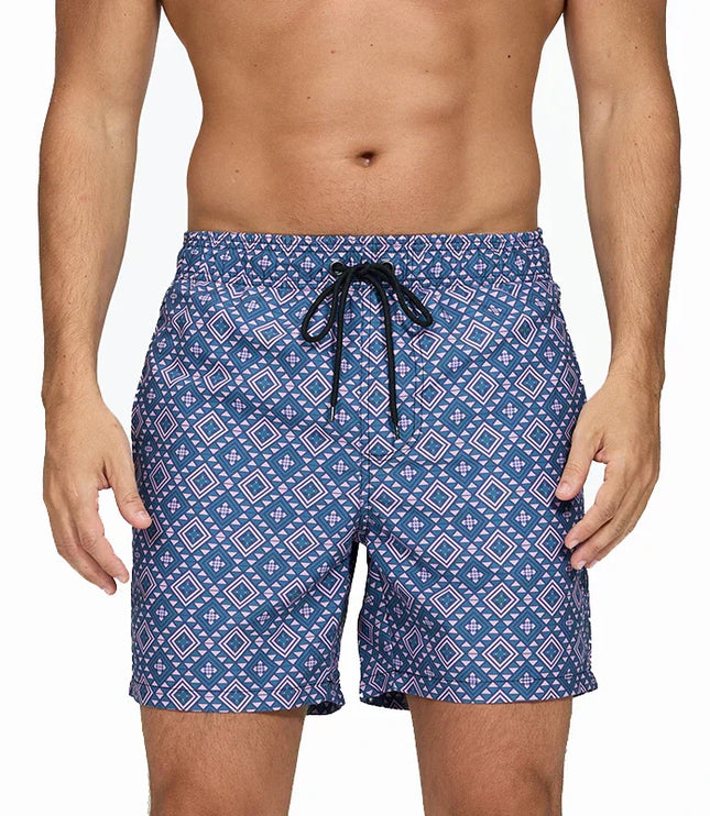Pantalones cortos de baño estampados de hombre con bolsillos y cordón de secado rápido