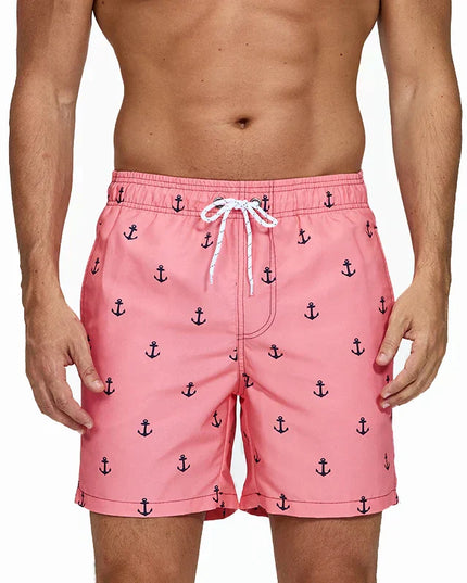 Pantalones cortos de baño estampados de hombre con bolsillos y cordón de secado rápido