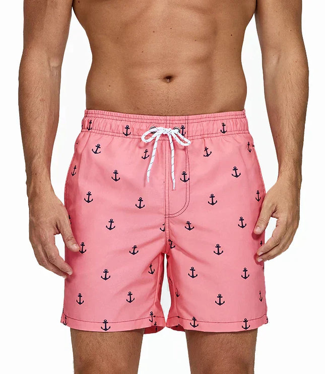 Pantalones cortos de baño estampados de hombre con bolsillos y cordón de secado rápido