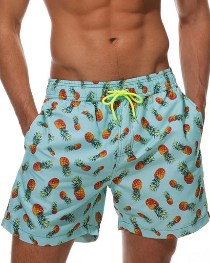Pantalones cortos de baño estampados de hombre con bolsillos y cordón de secado rápido