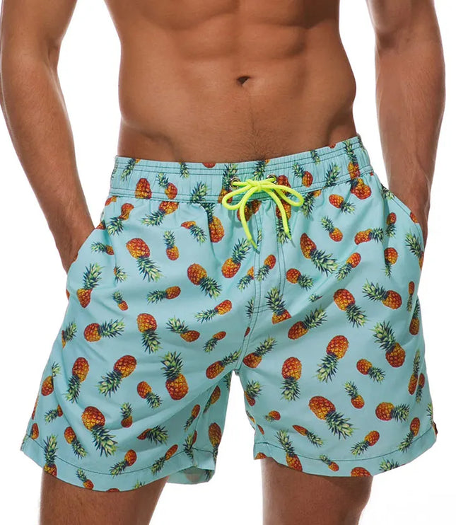 Pantalones cortos de baño estampados de hombre con bolsillos y cordón de secado rápido