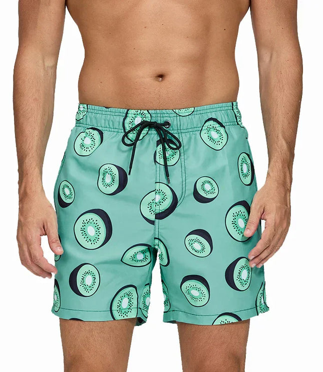 Pantalones cortos de baño estampados de hombre con bolsillos y cordón de secado rápido