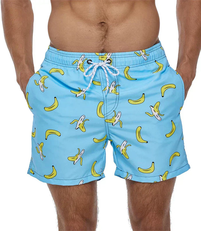 Pantalones cortos de baño estampados de hombre con bolsillos y cordón de secado rápido