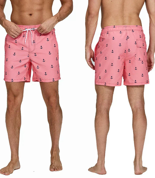 Pantalones cortos de baño estampados de hombre con bolsillos y cordón de secado rápido