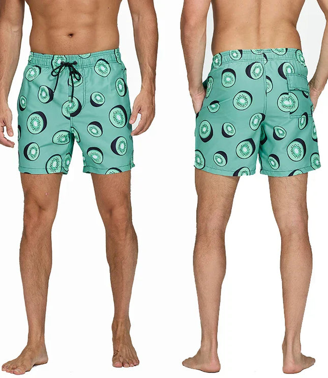 Pantalones cortos de baño estampados de hombre con bolsillos y cordón de secado rápido