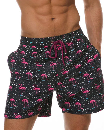 Pantalones cortos de baño estampados de hombre con bolsillos y cordón de secado rápido
