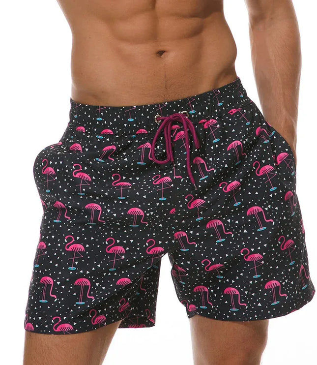 Pantalones cortos de baño estampados de hombre con bolsillos y cordón de secado rápido