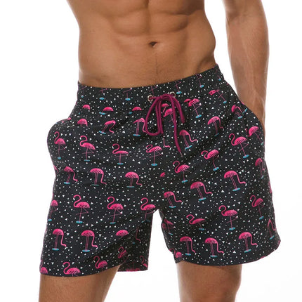 Pantalones cortos de baño estampados de hombre con bolsillos y cordón de secado rápido