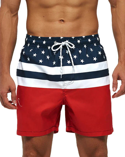 Pantalones cortos de baño estampados de hombre con bolsillos y cordón de secado rápido