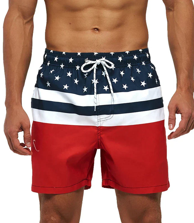 Pantalones cortos de baño estampados de hombre con bolsillos y cordón de secado rápido