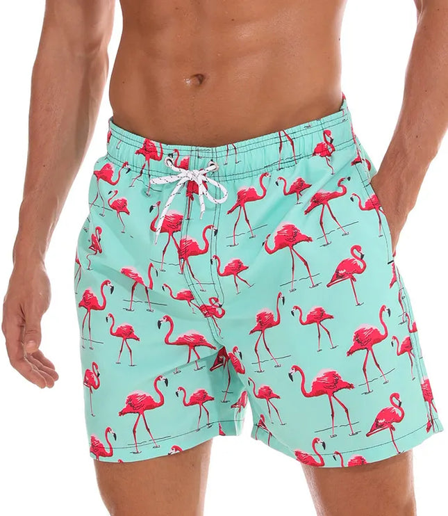 Pantalones cortos de baño estampados de hombre con bolsillos y cordón de secado rápido