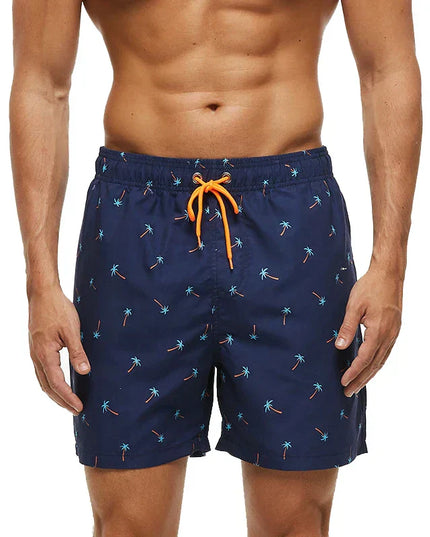 Pantalones cortos de baño estampados de hombre con bolsillos y cordón de secado rápido