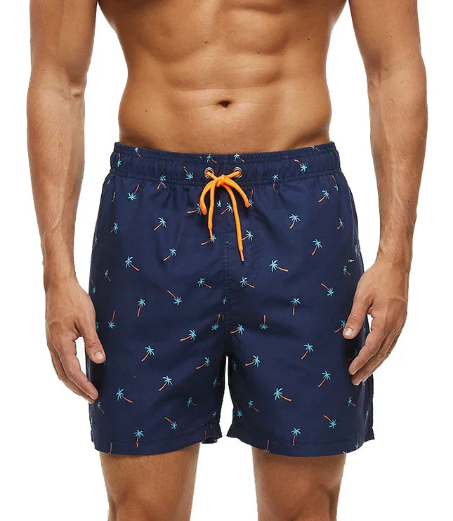 Pantalones cortos de baño estampados de hombre con bolsillos y cordón de secado rápido