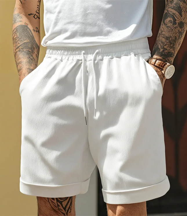 White relaxed pull-on shorts with drawstring and folded turnup hem