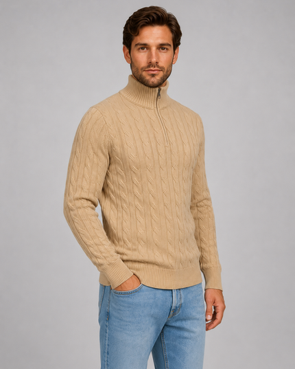Men's Quarter Zip Funnel Neck Cable Knitted Jumper