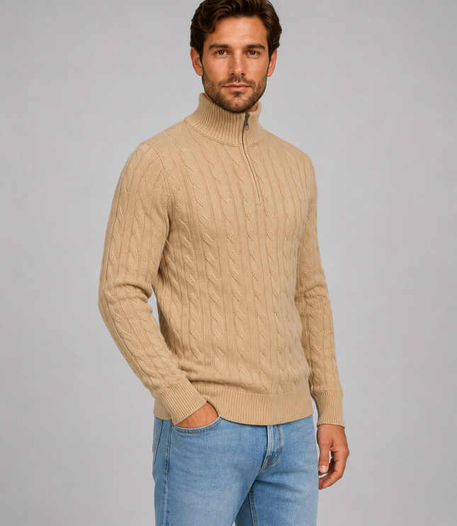Men's Quarter Zip Funnel Neck Cable Knitted Jumper