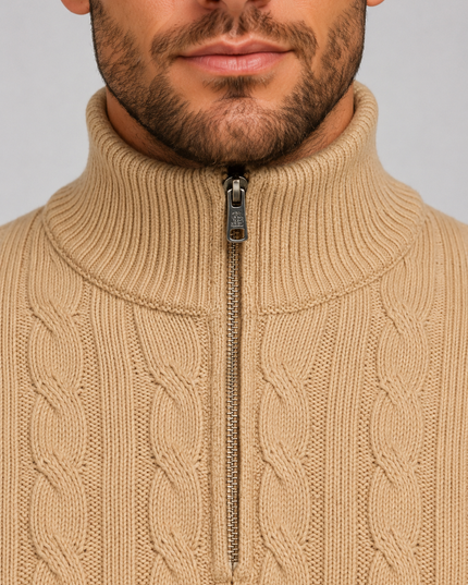 Men's Quarter Zip Funnel Neck Cable Knitted Jumper
