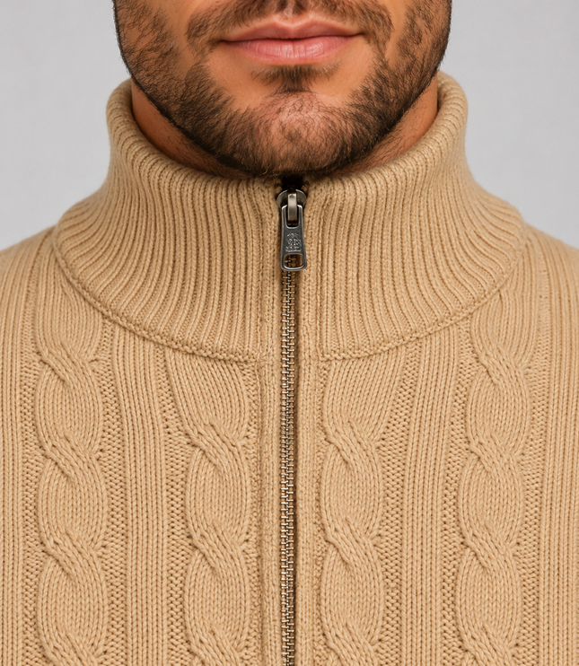 Men's Quarter Zip Funnel Neck Cable Knitted Jumper