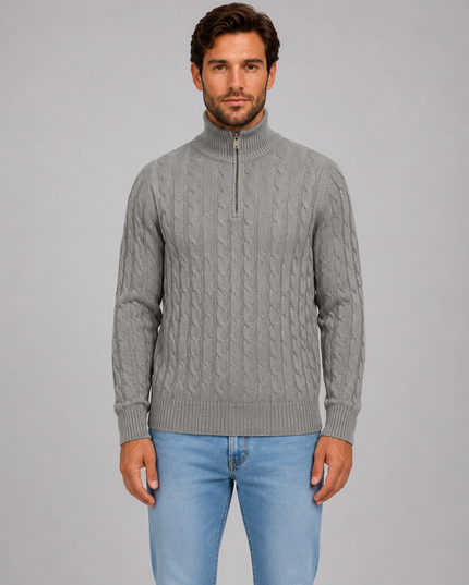 Men's Quarter Zip Funnel Neck Cable Knitted Jumper