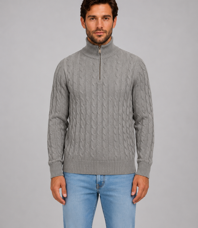 Men's Quarter Zip Funnel Neck Cable Knitted Jumper