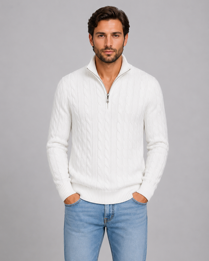 Men's Quarter Zip Funnel Neck Cable Knitted Jumper