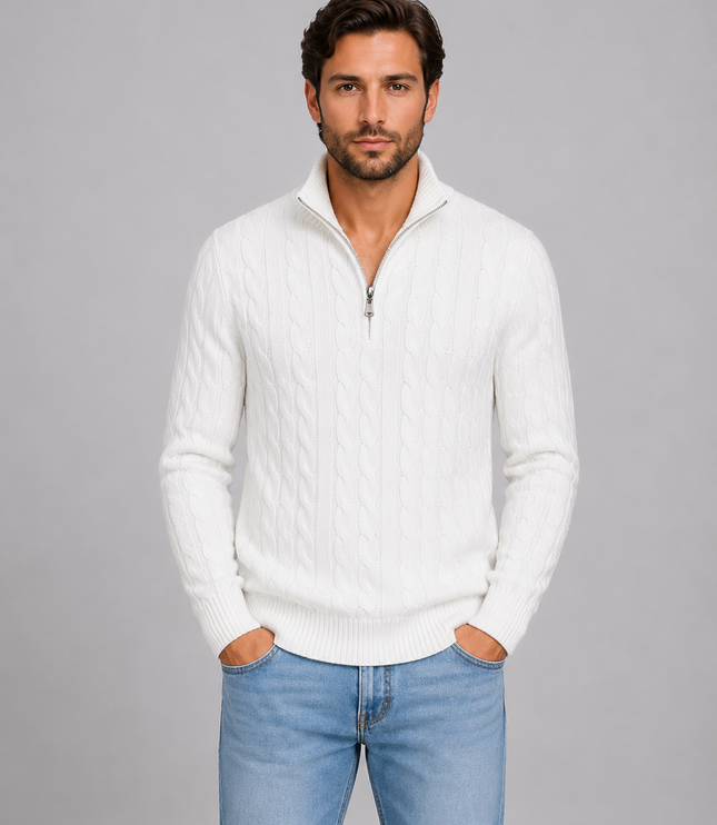 Men's Quarter Zip Funnel Neck Cable Knitted Jumper