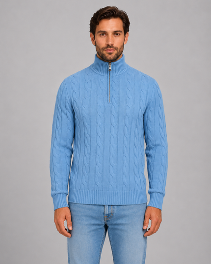 Men's Quarter Zip Funnel Neck Cable Knitted Jumper