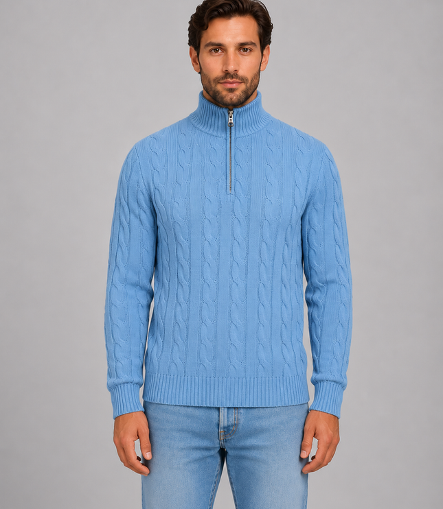 Men's Quarter Zip Funnel Neck Cable Knitted Jumper