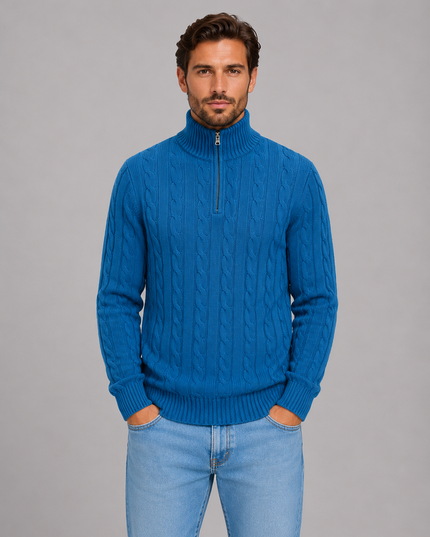 Men's Quarter Zip Funnel Neck Cable Knitted Jumper