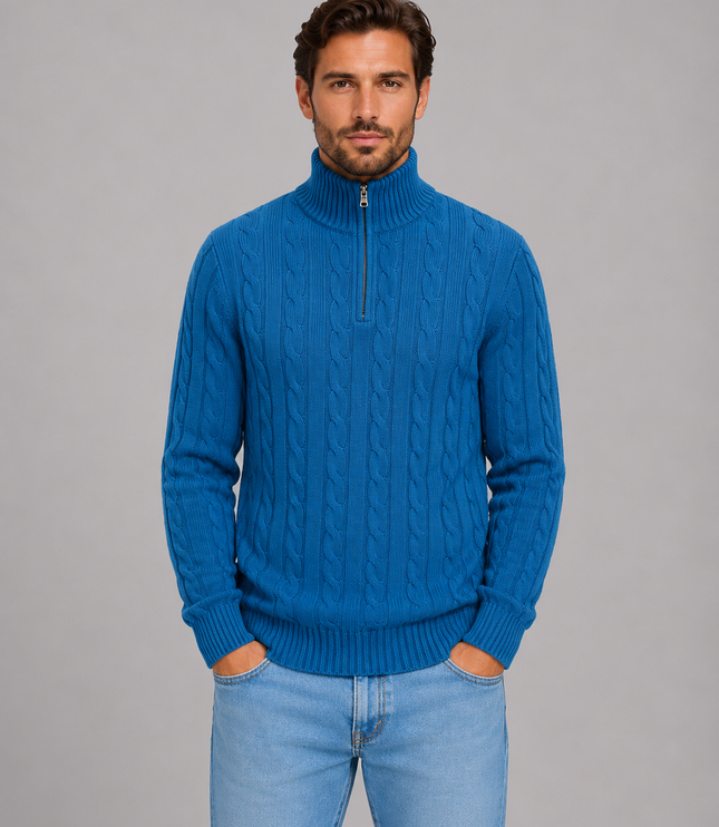 Men's Quarter Zip Funnel Neck Cable Knitted Jumper