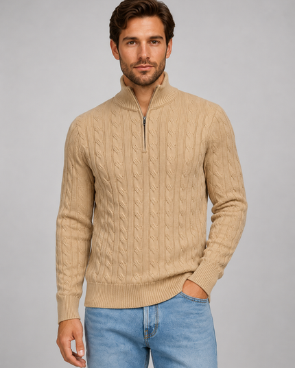 Men's Quarter Zip Funnel Neck Cable Knitted Jumper